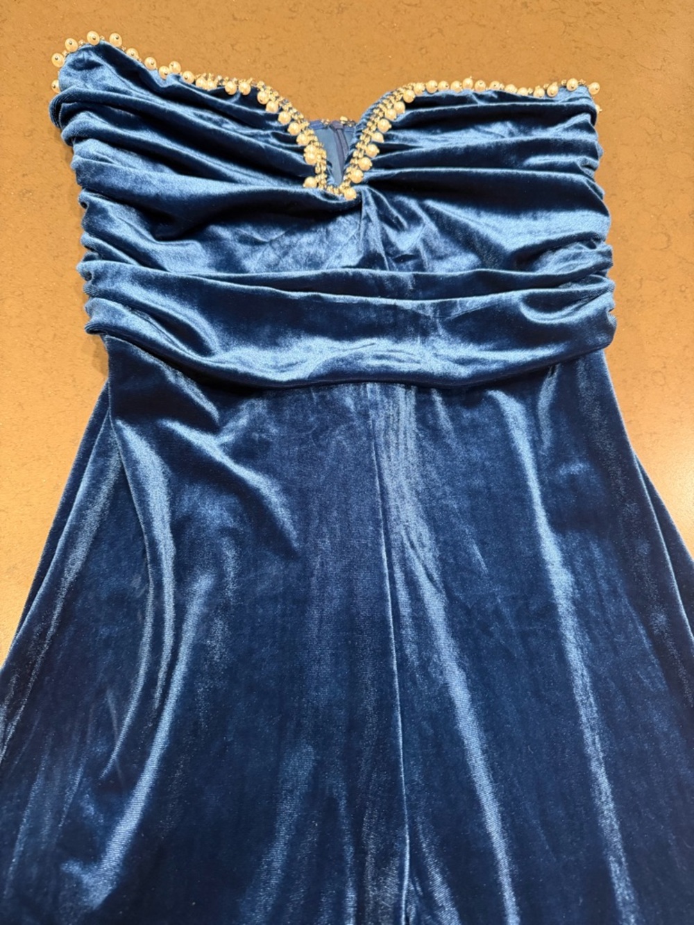 Lulu’s Fabulous Instinct Dark Blue Velvet Pearl Strapless Jumpsuit Sz: M - Picture 7 of 14